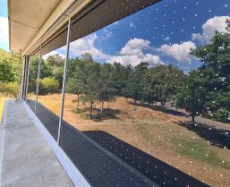 Ein großes Fenster mit Blick auf die Spiegelung, welche die Natur zeigt bei blauen Himmel
